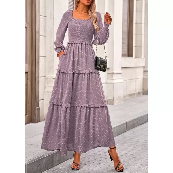imagePRETTYGARDEN Womens Long Sleeve Smocked Maxi Dress Casual Square Neck Swiss Dot Tiered Ruffle Flowy Pocket DressesGrey Purple