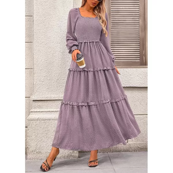 imagePRETTYGARDEN Womens Long Sleeve Smocked Maxi Dress Casual Square Neck Swiss Dot Tiered Ruffle Flowy Pocket DressesGrey Purple