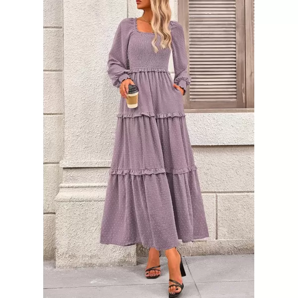 imagePRETTYGARDEN Womens Long Sleeve Smocked Maxi Dress Casual Square Neck Swiss Dot Tiered Ruffle Flowy Pocket DressesGrey Purple