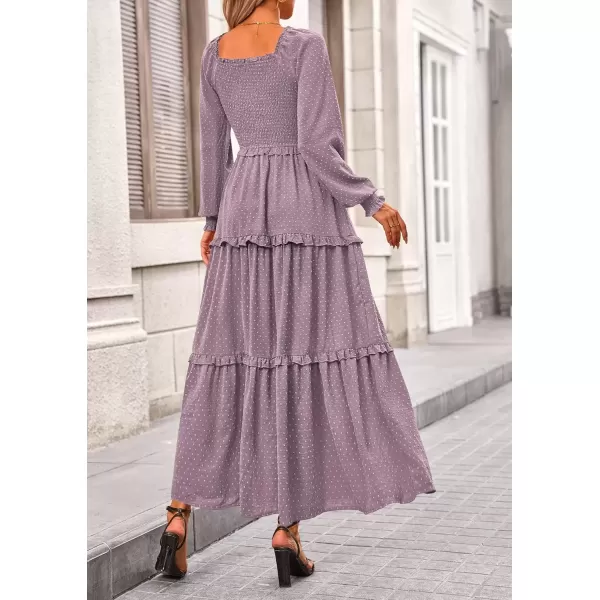 imagePRETTYGARDEN Womens Long Sleeve Smocked Maxi Dress Casual Square Neck Swiss Dot Tiered Ruffle Flowy Pocket DressesGrey Purple