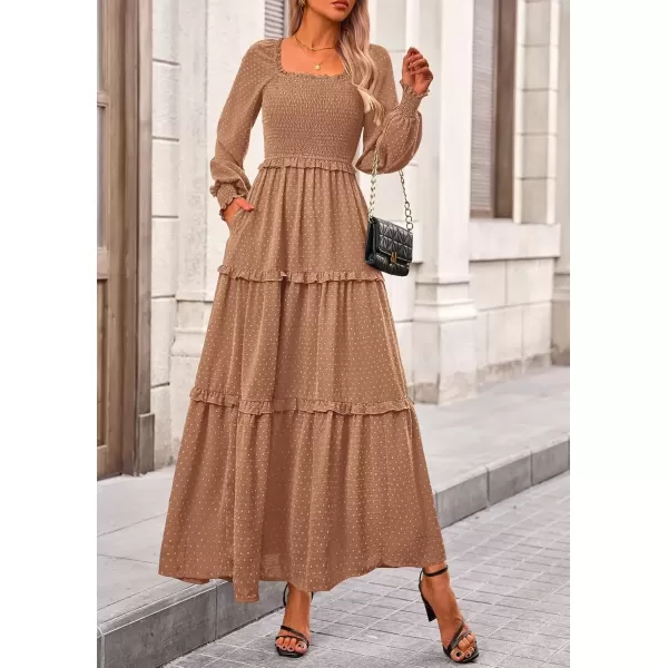 imagePRETTYGARDEN Womens Long Sleeve Smocked Maxi Dress Casual Square Neck Swiss Dot Tiered Ruffle Flowy Pocket DressesKhaki