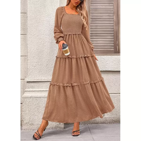 imagePRETTYGARDEN Womens Long Sleeve Smocked Maxi Dress Casual Square Neck Swiss Dot Tiered Ruffle Flowy Pocket DressesKhaki