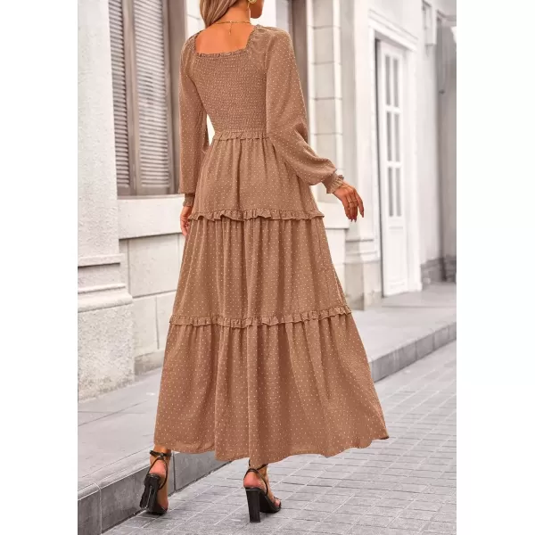 imagePRETTYGARDEN Womens Long Sleeve Smocked Maxi Dress Casual Square Neck Swiss Dot Tiered Ruffle Flowy Pocket DressesKhaki