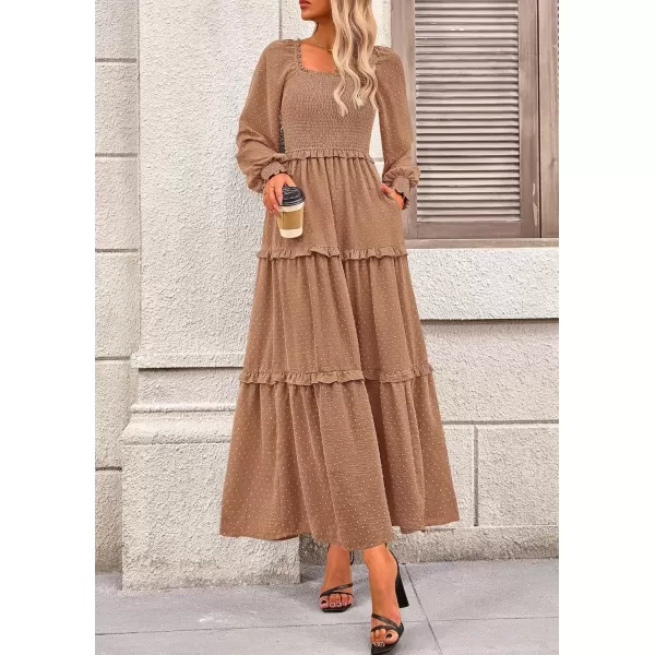 imagePRETTYGARDEN Womens Long Sleeve Smocked Maxi Dress Casual Square Neck Swiss Dot Tiered Ruffle Flowy Pocket DressesKhaki