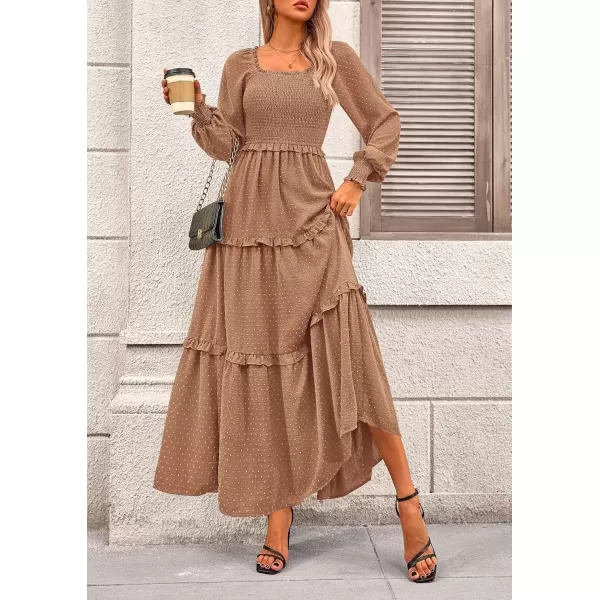 imagePRETTYGARDEN Womens Long Sleeve Smocked Maxi Dress Casual Square Neck Swiss Dot Tiered Ruffle Flowy Pocket DressesKhaki