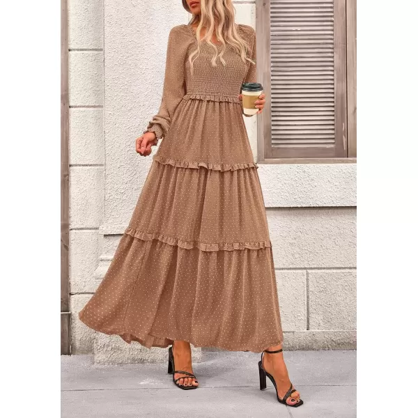 imagePRETTYGARDEN Womens Long Sleeve Smocked Maxi Dress Casual Square Neck Swiss Dot Tiered Ruffle Flowy Pocket DressesKhaki