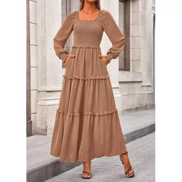 imagePRETTYGARDEN Womens Long Sleeve Smocked Maxi Dress Casual Square Neck Swiss Dot Tiered Ruffle Flowy Pocket DressesKhaki