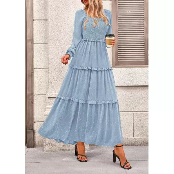 imagePRETTYGARDEN Womens Long Sleeve Smocked Maxi Dress Casual Square Neck Swiss Dot Tiered Ruffle Flowy Pocket DressesLight Blue