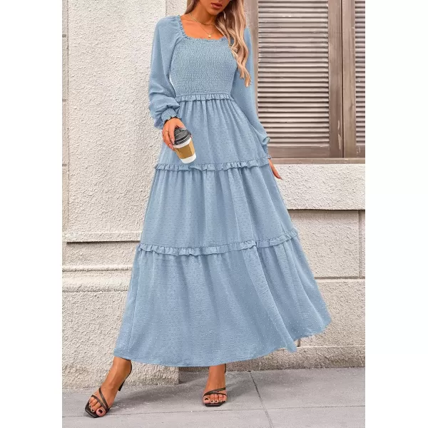 imagePRETTYGARDEN Womens Long Sleeve Smocked Maxi Dress Casual Square Neck Swiss Dot Tiered Ruffle Flowy Pocket DressesLight Blue