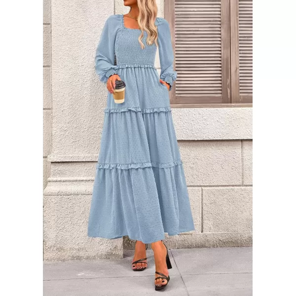 imagePRETTYGARDEN Womens Long Sleeve Smocked Maxi Dress Casual Square Neck Swiss Dot Tiered Ruffle Flowy Pocket DressesLight Blue
