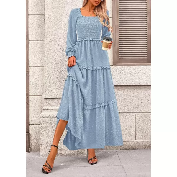 imagePRETTYGARDEN Womens Long Sleeve Smocked Maxi Dress Casual Square Neck Swiss Dot Tiered Ruffle Flowy Pocket DressesLight Blue