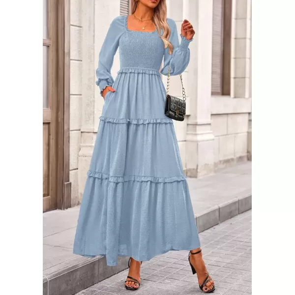 imagePRETTYGARDEN Womens Long Sleeve Smocked Maxi Dress Casual Square Neck Swiss Dot Tiered Ruffle Flowy Pocket DressesLight Blue