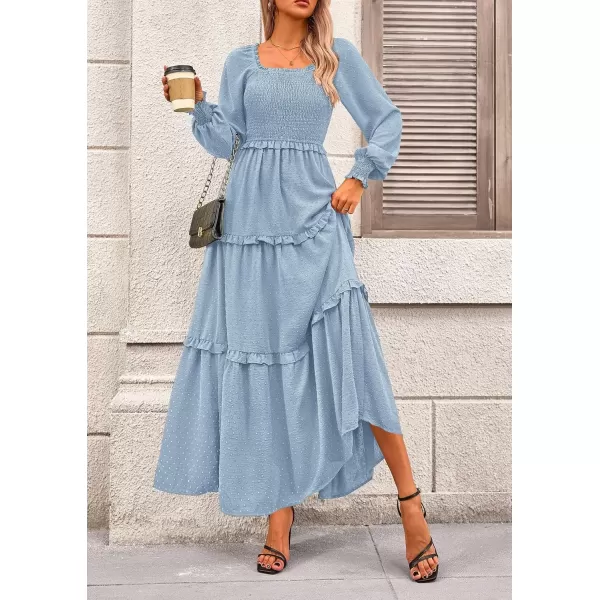 imagePRETTYGARDEN Womens Long Sleeve Smocked Maxi Dress Casual Square Neck Swiss Dot Tiered Ruffle Flowy Pocket DressesLight Blue