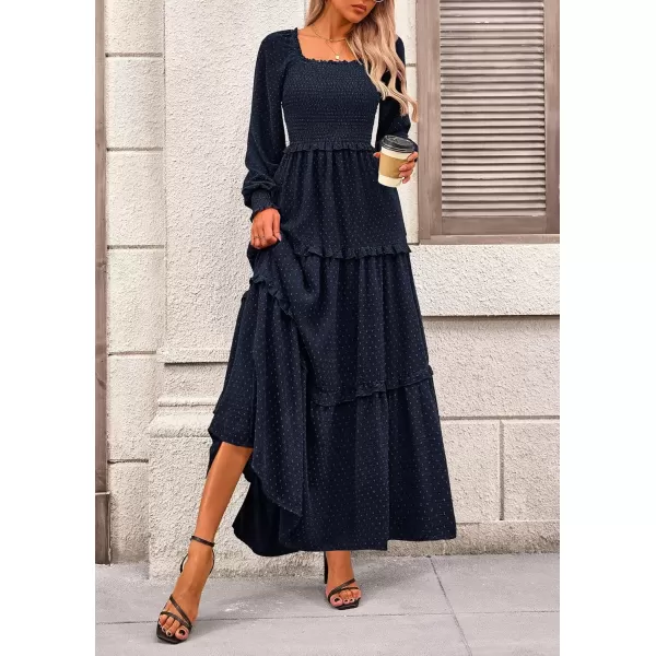 imagePRETTYGARDEN Womens Long Sleeve Smocked Maxi Dress Casual Square Neck Swiss Dot Tiered Ruffle Flowy Pocket DressesNavy