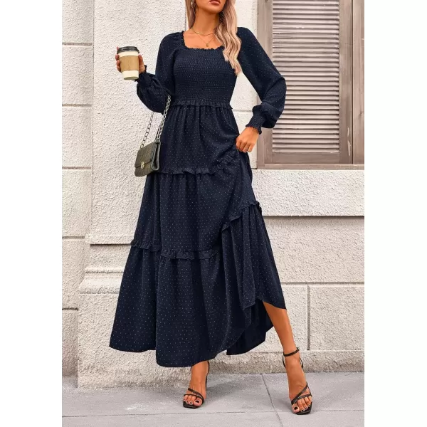 imagePRETTYGARDEN Womens Long Sleeve Smocked Maxi Dress Casual Square Neck Swiss Dot Tiered Ruffle Flowy Pocket DressesNavy
