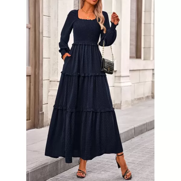 imagePRETTYGARDEN Womens Long Sleeve Smocked Maxi Dress Casual Square Neck Swiss Dot Tiered Ruffle Flowy Pocket DressesNavy