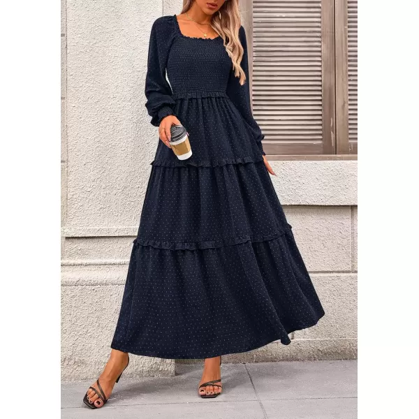imagePRETTYGARDEN Womens Long Sleeve Smocked Maxi Dress Casual Square Neck Swiss Dot Tiered Ruffle Flowy Pocket DressesNavy