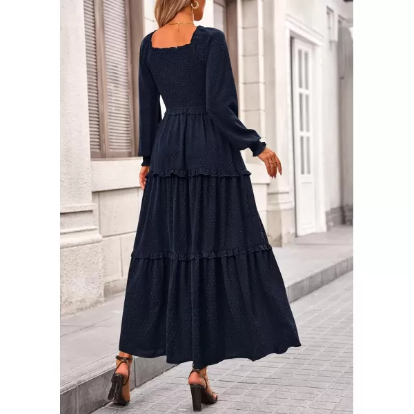 imagePRETTYGARDEN Womens Long Sleeve Smocked Maxi Dress Casual Square Neck Swiss Dot Tiered Ruffle Flowy Pocket DressesNavy