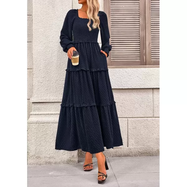 imagePRETTYGARDEN Womens Long Sleeve Smocked Maxi Dress Casual Square Neck Swiss Dot Tiered Ruffle Flowy Pocket DressesNavy
