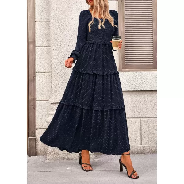 imagePRETTYGARDEN Womens Long Sleeve Smocked Maxi Dress Casual Square Neck Swiss Dot Tiered Ruffle Flowy Pocket DressesNavy