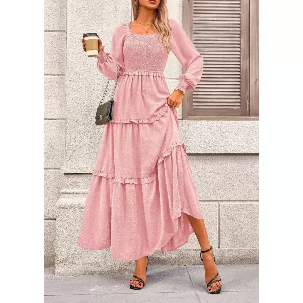 imagePRETTYGARDEN Womens Long Sleeve Smocked Maxi Dress Casual Square Neck Swiss Dot Tiered Ruffle Flowy Pocket DressesPink