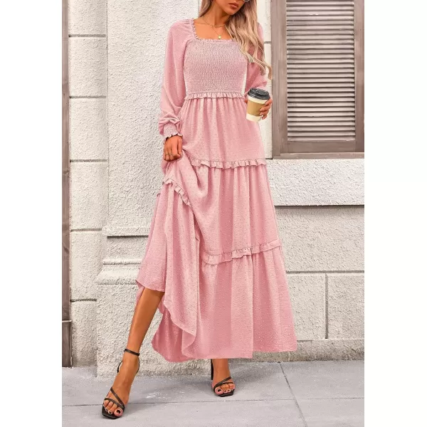 imagePRETTYGARDEN Womens Long Sleeve Smocked Maxi Dress Casual Square Neck Swiss Dot Tiered Ruffle Flowy Pocket DressesPink