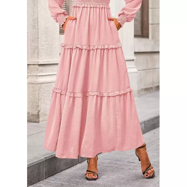 imagePRETTYGARDEN Womens Long Sleeve Smocked Maxi Dress Casual Square Neck Swiss Dot Tiered Ruffle Flowy Pocket DressesPink