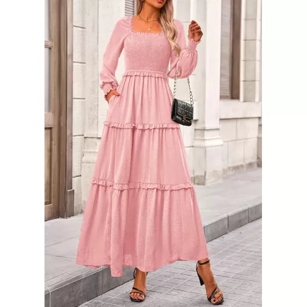 imagePRETTYGARDEN Womens Long Sleeve Smocked Maxi Dress Casual Square Neck Swiss Dot Tiered Ruffle Flowy Pocket DressesPink