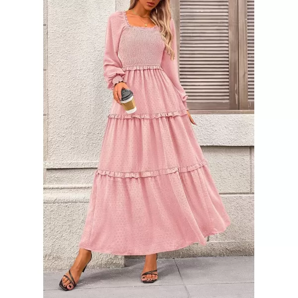 imagePRETTYGARDEN Womens Long Sleeve Smocked Maxi Dress Casual Square Neck Swiss Dot Tiered Ruffle Flowy Pocket DressesPink
