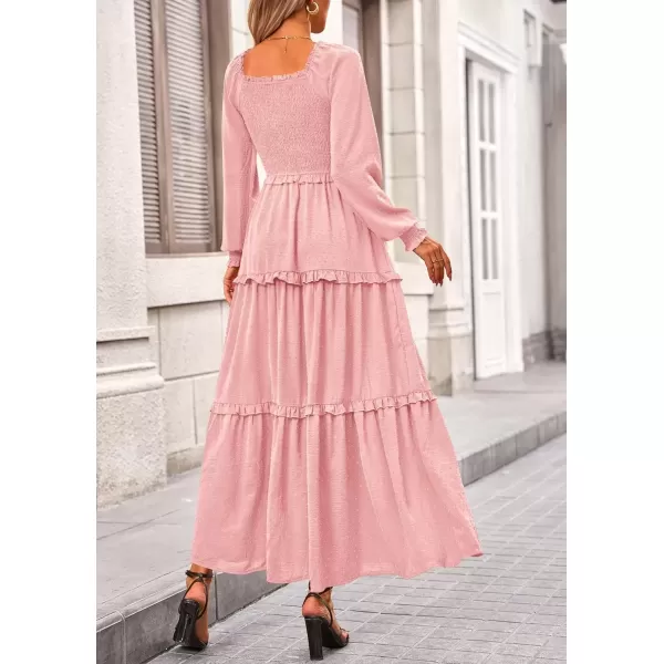 imagePRETTYGARDEN Womens Long Sleeve Smocked Maxi Dress Casual Square Neck Swiss Dot Tiered Ruffle Flowy Pocket DressesPink