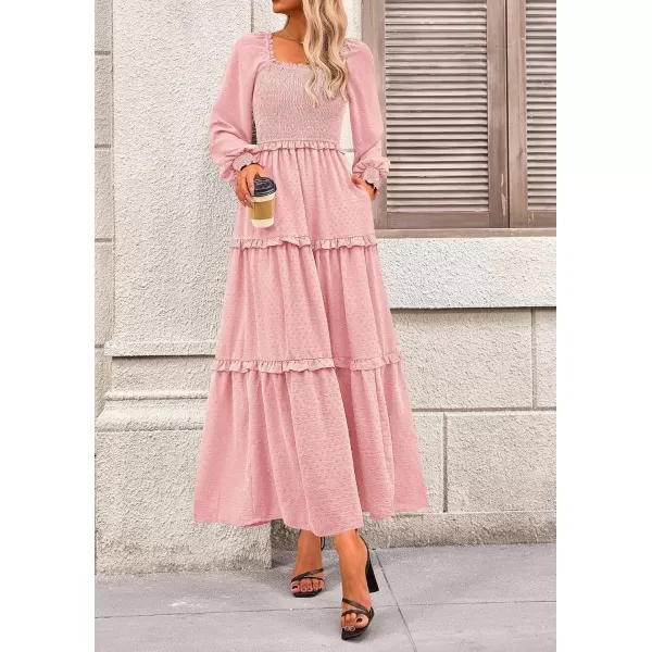 imagePRETTYGARDEN Womens Long Sleeve Smocked Maxi Dress Casual Square Neck Swiss Dot Tiered Ruffle Flowy Pocket DressesPink