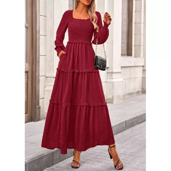 imagePRETTYGARDEN Womens Long Sleeve Smocked Maxi Dress Casual Square Neck Swiss Dot Tiered Ruffle Flowy Pocket DressesRed