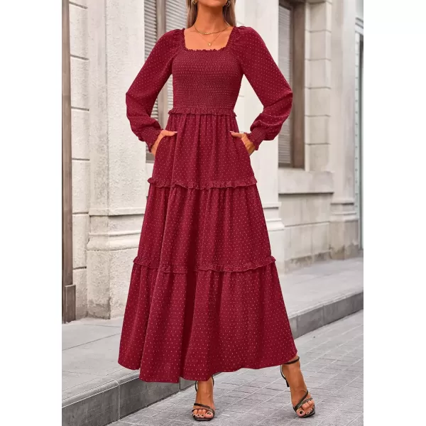imagePRETTYGARDEN Womens Long Sleeve Smocked Maxi Dress Casual Square Neck Swiss Dot Tiered Ruffle Flowy Pocket DressesRed