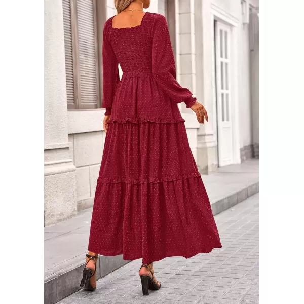 imagePRETTYGARDEN Womens Long Sleeve Smocked Maxi Dress Casual Square Neck Swiss Dot Tiered Ruffle Flowy Pocket DressesRed