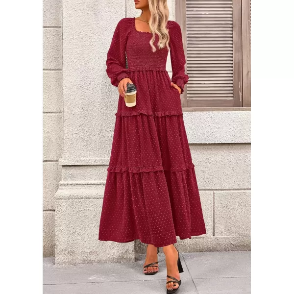 imagePRETTYGARDEN Womens Long Sleeve Smocked Maxi Dress Casual Square Neck Swiss Dot Tiered Ruffle Flowy Pocket DressesRed