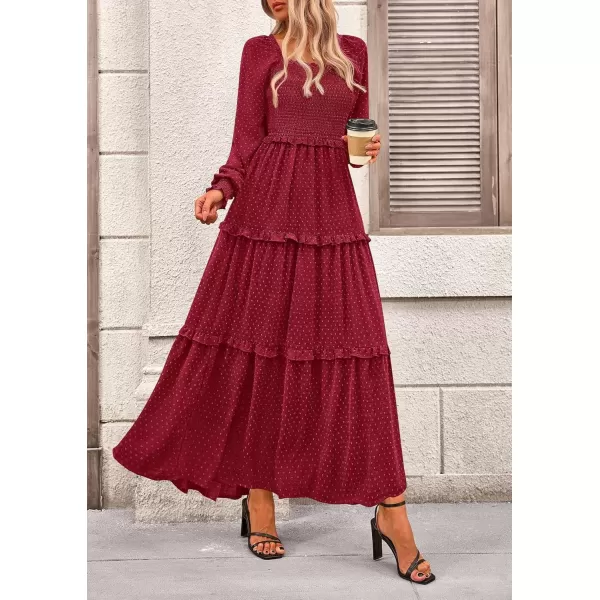 imagePRETTYGARDEN Womens Long Sleeve Smocked Maxi Dress Casual Square Neck Swiss Dot Tiered Ruffle Flowy Pocket DressesRed