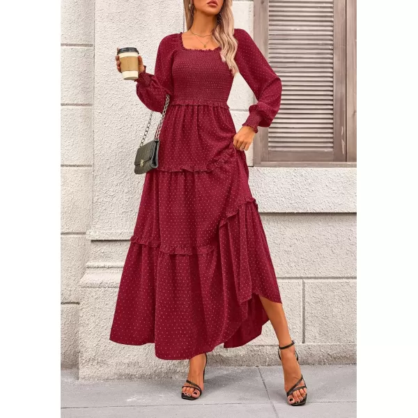 imagePRETTYGARDEN Womens Long Sleeve Smocked Maxi Dress Casual Square Neck Swiss Dot Tiered Ruffle Flowy Pocket DressesRed