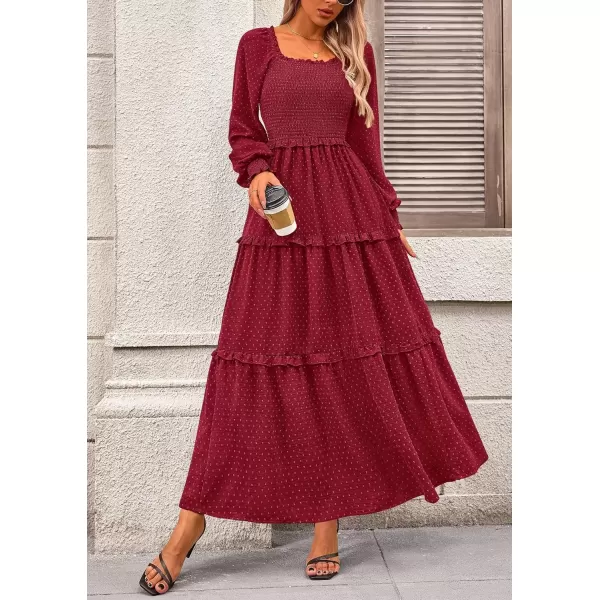 imagePRETTYGARDEN Womens Long Sleeve Smocked Maxi Dress Casual Square Neck Swiss Dot Tiered Ruffle Flowy Pocket DressesRed