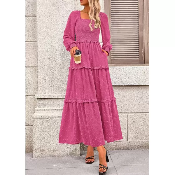 imagePRETTYGARDEN Womens Long Sleeve Smocked Maxi Dress Casual Square Neck Swiss Dot Tiered Ruffle Flowy Pocket DressesRose Red