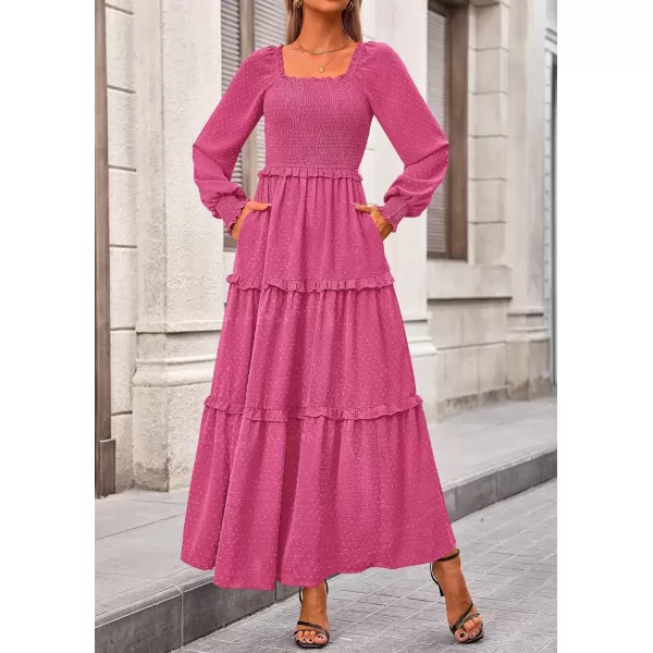 imagePRETTYGARDEN Womens Long Sleeve Smocked Maxi Dress Casual Square Neck Swiss Dot Tiered Ruffle Flowy Pocket DressesRose Red