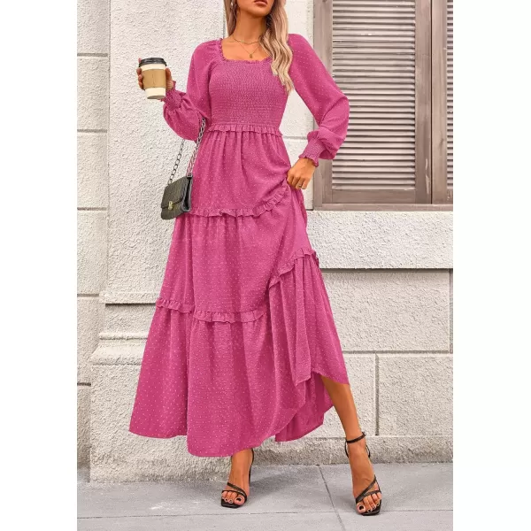 imagePRETTYGARDEN Womens Long Sleeve Smocked Maxi Dress Casual Square Neck Swiss Dot Tiered Ruffle Flowy Pocket DressesRose Red
