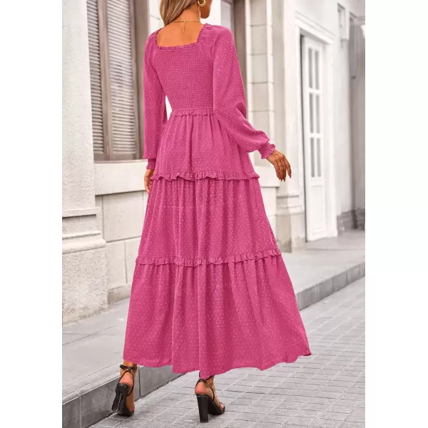 imagePRETTYGARDEN Womens Long Sleeve Smocked Maxi Dress Casual Square Neck Swiss Dot Tiered Ruffle Flowy Pocket DressesRose Red