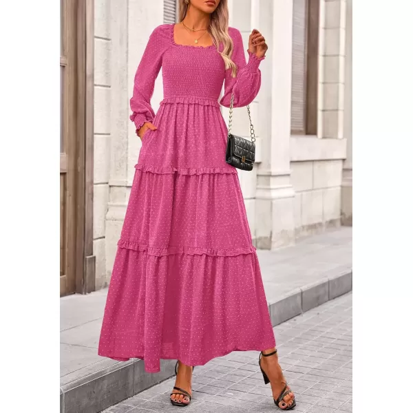 imagePRETTYGARDEN Womens Long Sleeve Smocked Maxi Dress Casual Square Neck Swiss Dot Tiered Ruffle Flowy Pocket DressesRose Red
