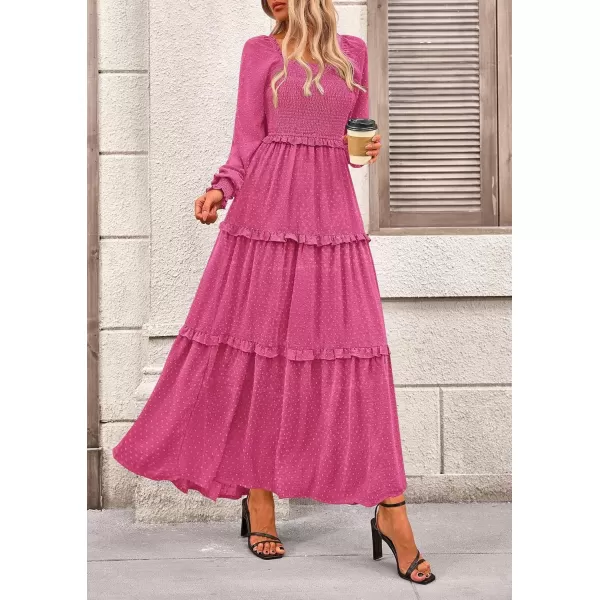 imagePRETTYGARDEN Womens Long Sleeve Smocked Maxi Dress Casual Square Neck Swiss Dot Tiered Ruffle Flowy Pocket DressesRose Red