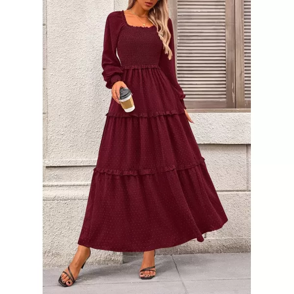 imagePRETTYGARDEN Womens Long Sleeve Smocked Maxi Dress Casual Square Neck Swiss Dot Tiered Ruffle Flowy Pocket DressesWine Red