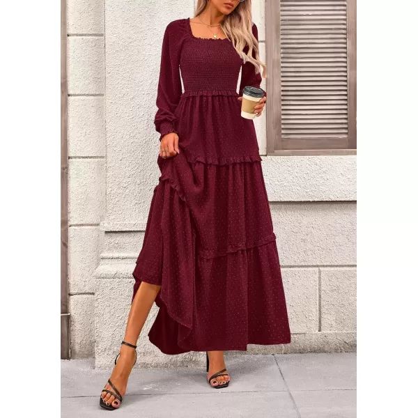 imagePRETTYGARDEN Womens Long Sleeve Smocked Maxi Dress Casual Square Neck Swiss Dot Tiered Ruffle Flowy Pocket DressesWine Red