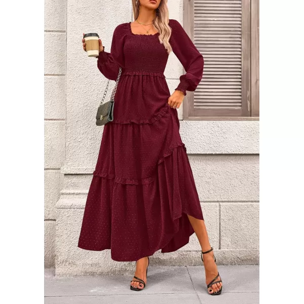 imagePRETTYGARDEN Womens Long Sleeve Smocked Maxi Dress Casual Square Neck Swiss Dot Tiered Ruffle Flowy Pocket DressesWine Red