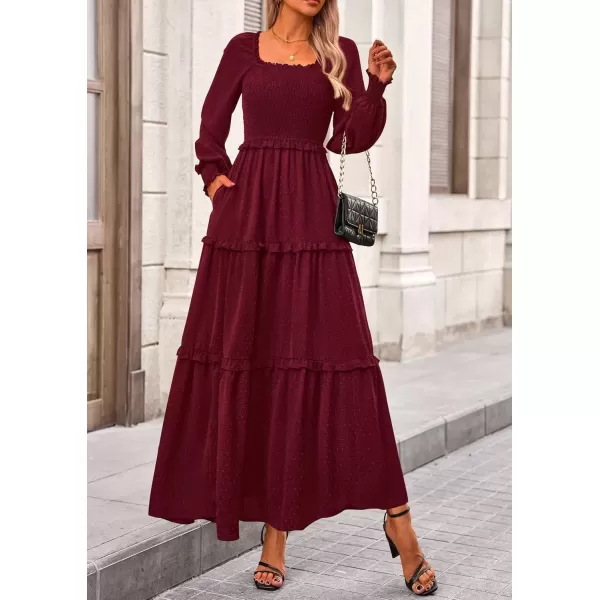 imagePRETTYGARDEN Womens Long Sleeve Smocked Maxi Dress Casual Square Neck Swiss Dot Tiered Ruffle Flowy Pocket DressesWine Red