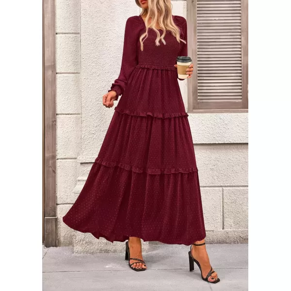 imagePRETTYGARDEN Womens Long Sleeve Smocked Maxi Dress Casual Square Neck Swiss Dot Tiered Ruffle Flowy Pocket DressesWine Red