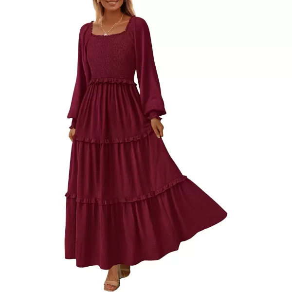 imagePRETTYGARDEN Womens Long Sleeve Smocked Maxi Dress Casual Square Neck Swiss Dot Tiered Ruffle Flowy Pocket DressesWine Red